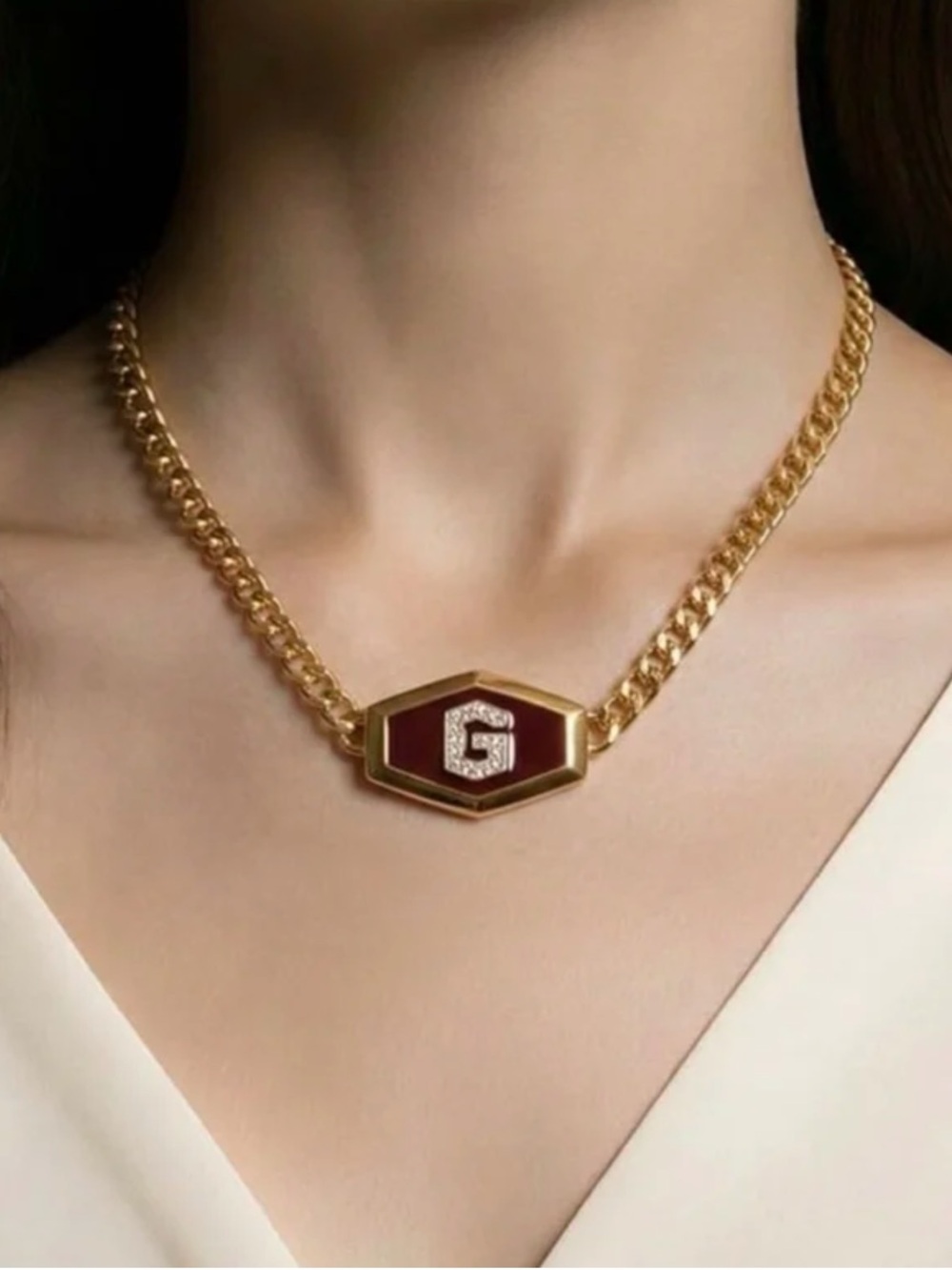 GIVENCHY Vintage 1979 Gold Burgundy & Enamel Rhinestone G Curb Link Necklace